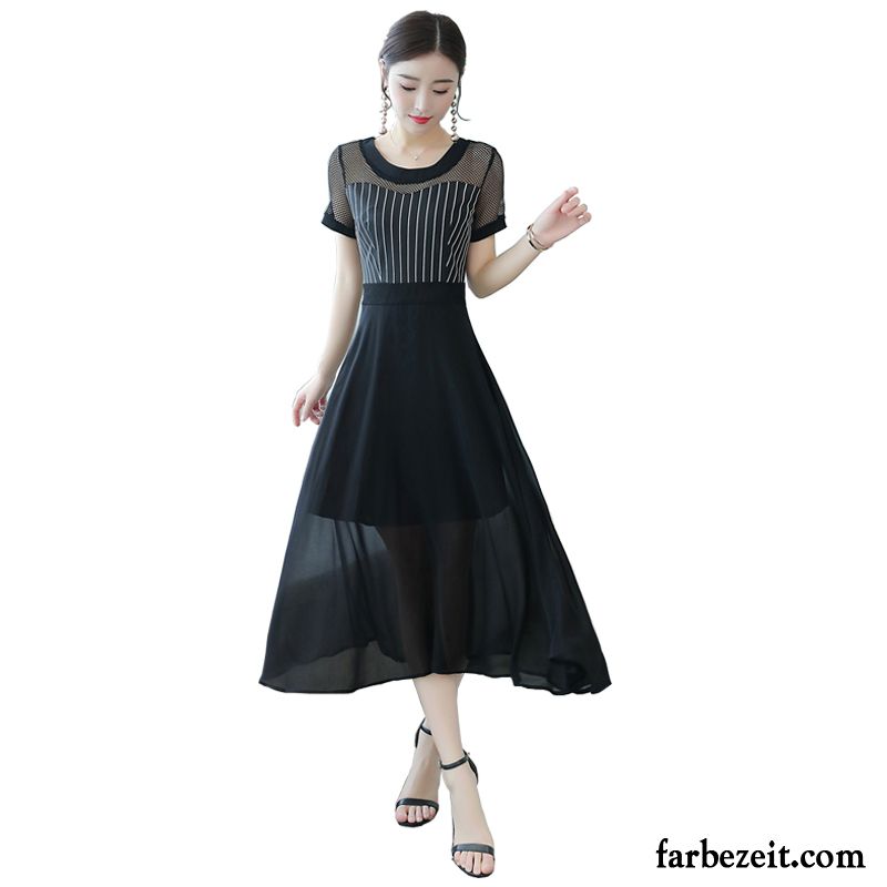 Kleider Damen Lang Chiffon Temperament Weiß Dünn Sommer Elegant Dame Schwarz Langer Rock Kleider Streifen Neu Spleißen Kaufen