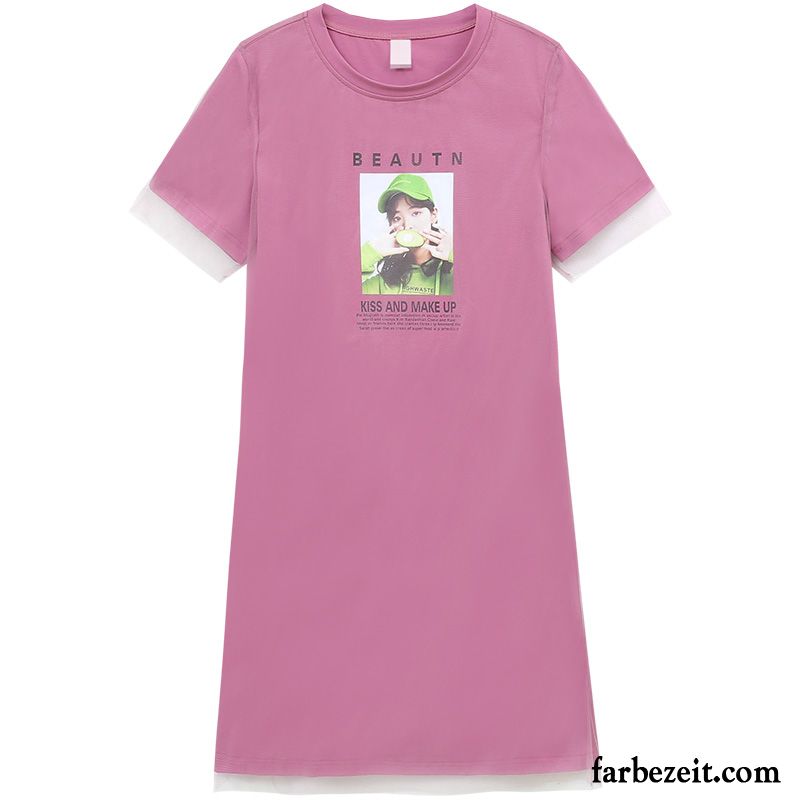 Kleider Damen Sommer Spleißen Nettogarn T-shirts Neu Purpur Lila