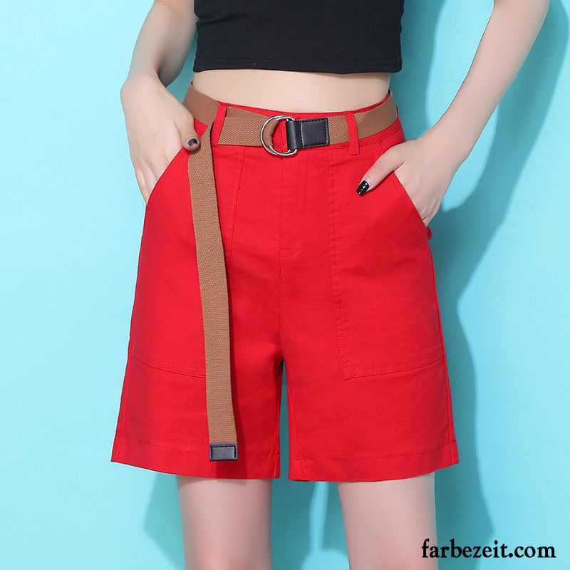Kurze Hosen Damen Sommer Werkzeugbau Retro Hohe Taille Outwear Neu Rot