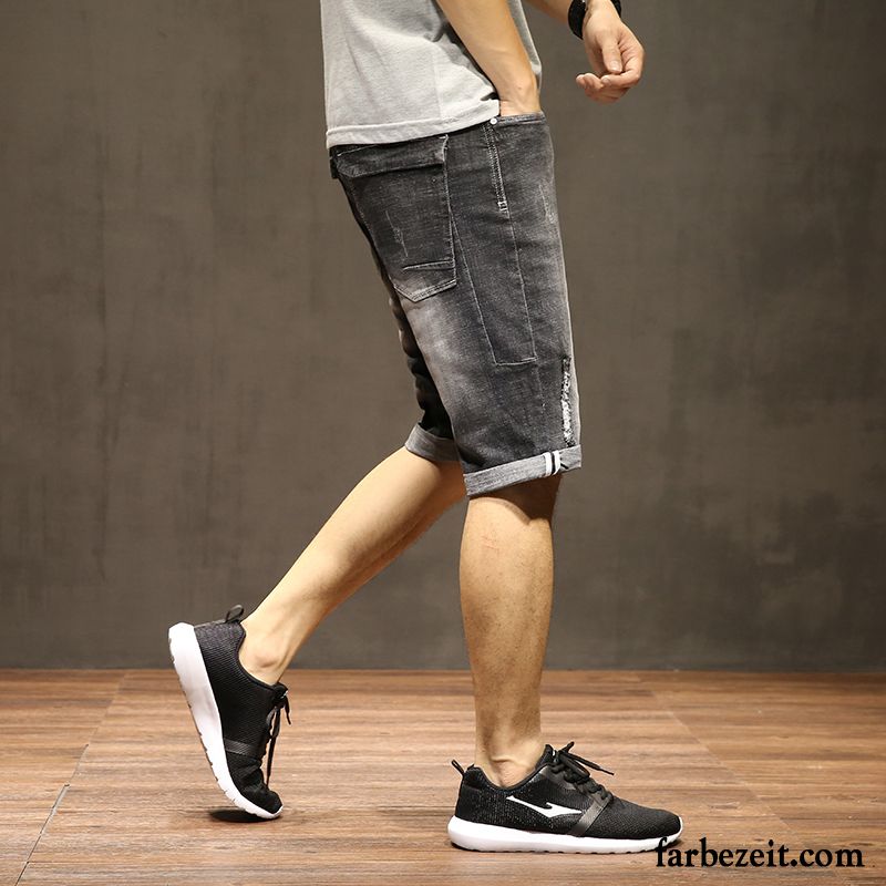 Kurze Hosen Herren Dünn Sommer Jeans Trend Neu Elastisch Schwarz