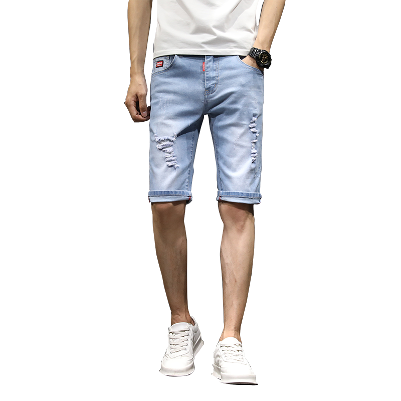 Kurze Hosen Herren Schlank Trend Gerade Elastisch Sommer Löcher Blau