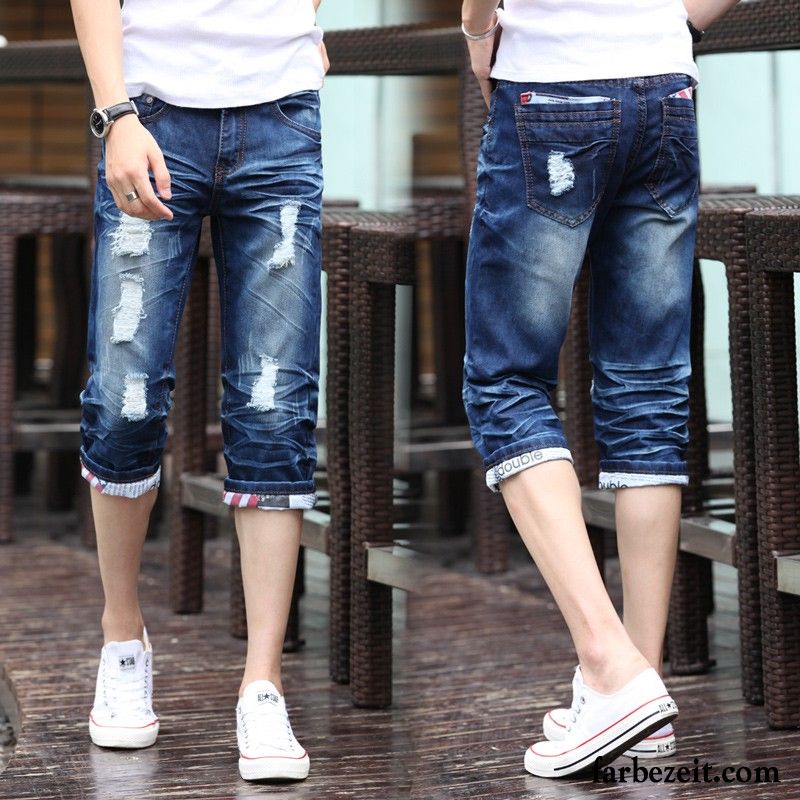 Kurze Hosen Herren Sommer Dünn Trend Jeans Löcher Blau