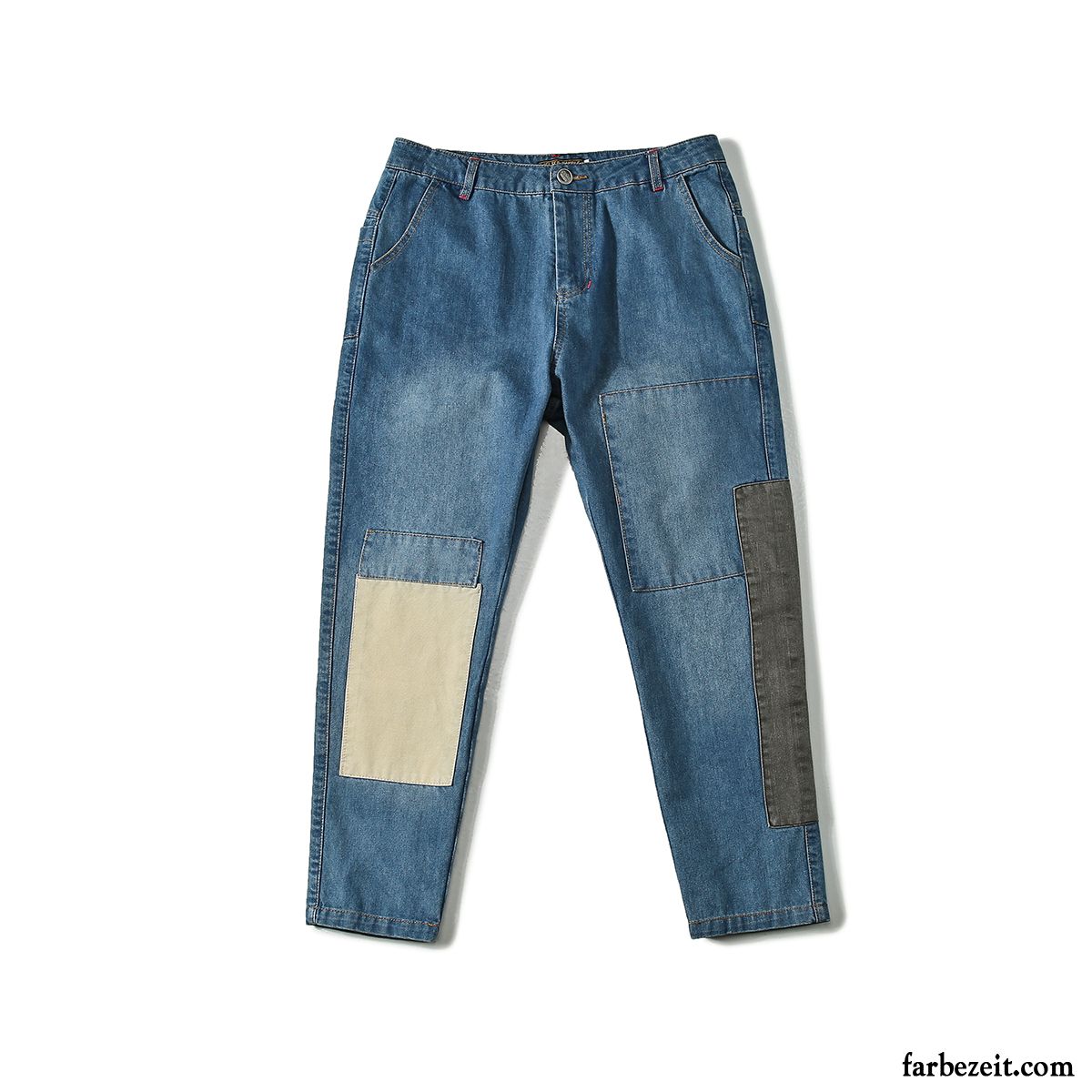 Röhrenjeans Für Männer Jugend Waschen Patch Jeans Harlan Spleißen Blau Trend Freizeit Schmales Bein Herren