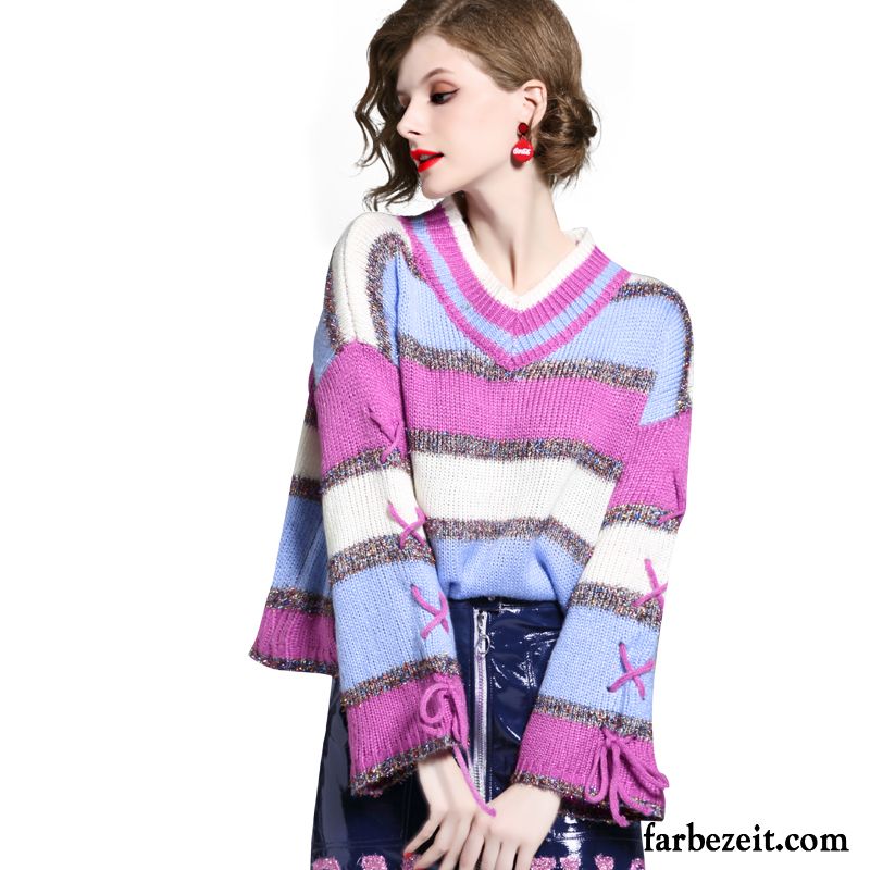 Langer Strickpullover Mantel Streifen Pullover Spleißen Lose Winterkleidung Damen Herbst Lange Ärmel Überzieher Farbe Rosa Strickwaren Verkaufen