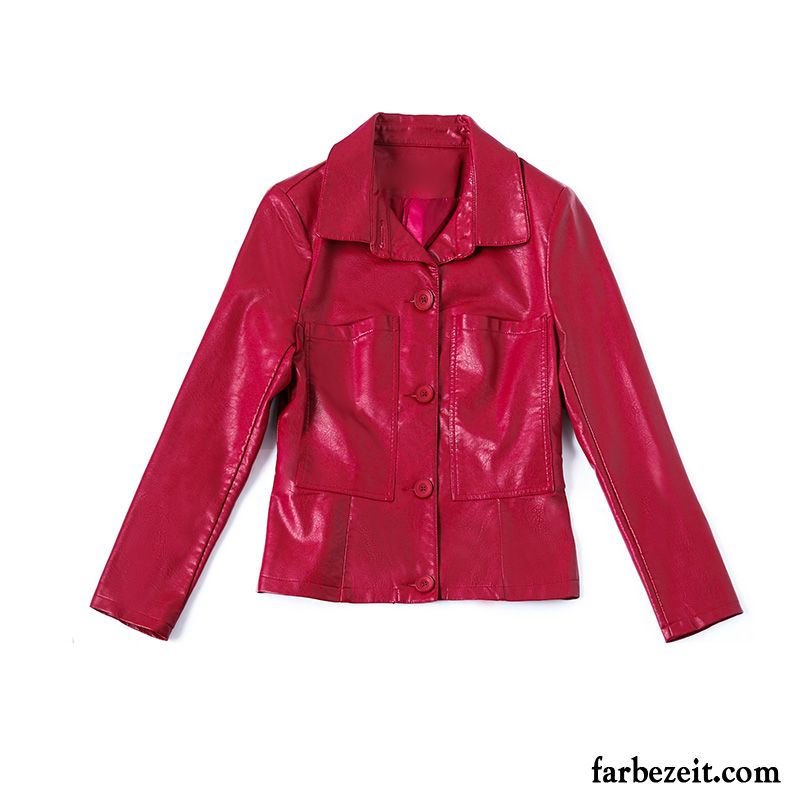 Lederjacke Damen Allgleiches Pu Feder Überzieher Blusen Trend Rot