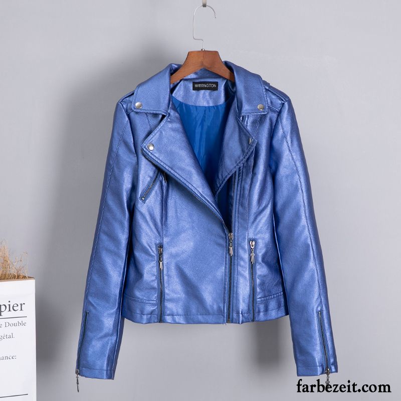 Lederjacke Damen Feder Trend Überzieher Kurzer Absatz Pu Neu Blau