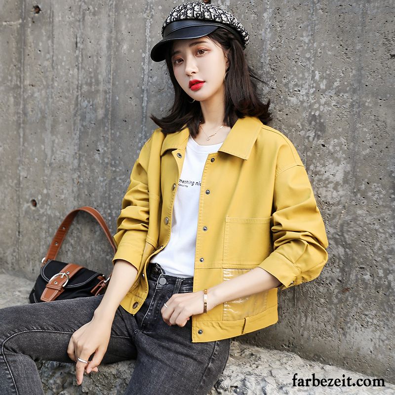 Lederjacke Damen Gemütlich Kurzer Absatz Elegant Herbst Persönlichkeit Mode Gelb