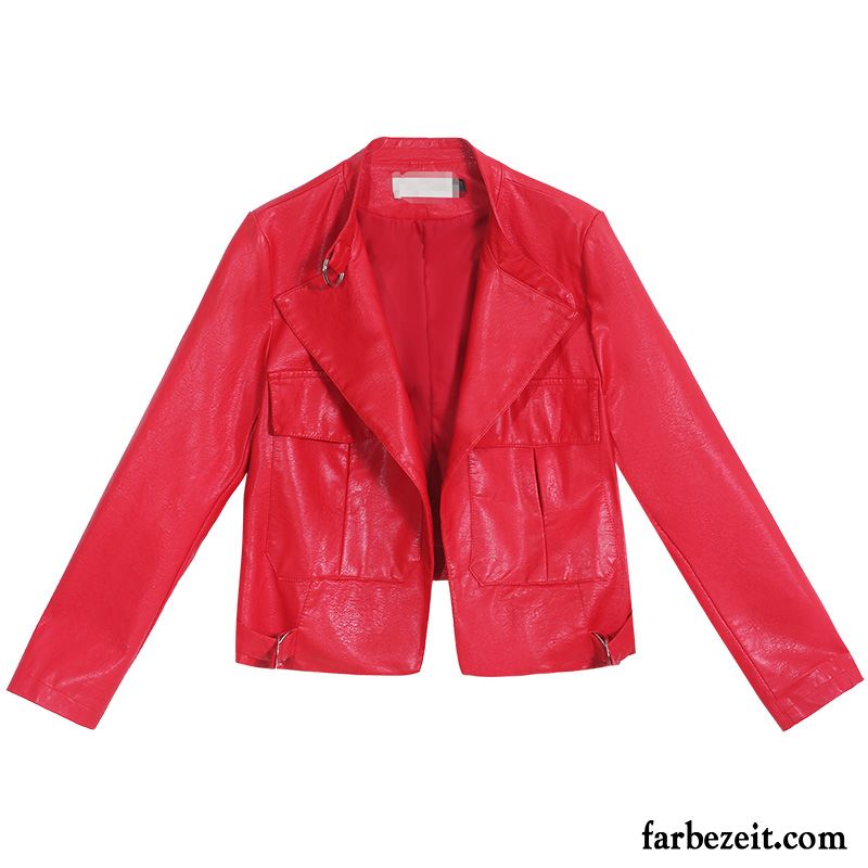 Lederjacke Damen Kurzer Absatz Feder Neu Herbst Allgleiches Mode Rot