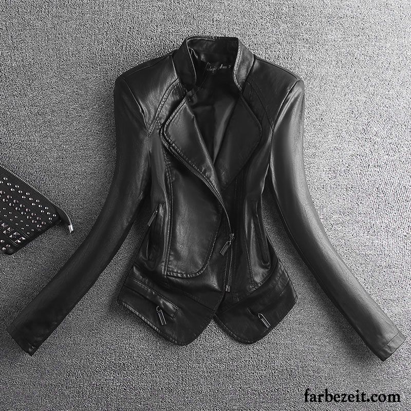 Lederjacke Damen Mode Überzieher Kleiner Stil Kurzer Absatz Schlank Schwarz