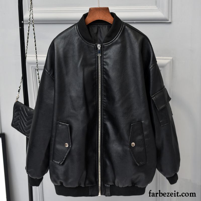 Lederjacke Damen Pu Schlank Überzieher Herbst Trend Feder Schwarz