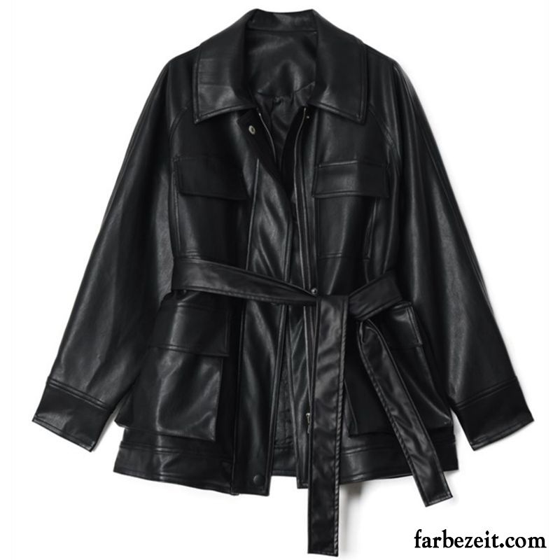 Lederjacke Damen Retro Überzieher Pu Neu Lose Feder Schwarz