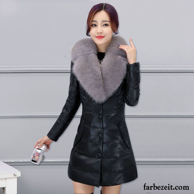 Lederjacke Gestreift Schwarz Weiß Langer Abschnitt Trend Schlank Baumwolle Luxuriös Großer Pelzkragen Überzieher Pu Lederjacke Dünn Damen Winter Temperament Billig