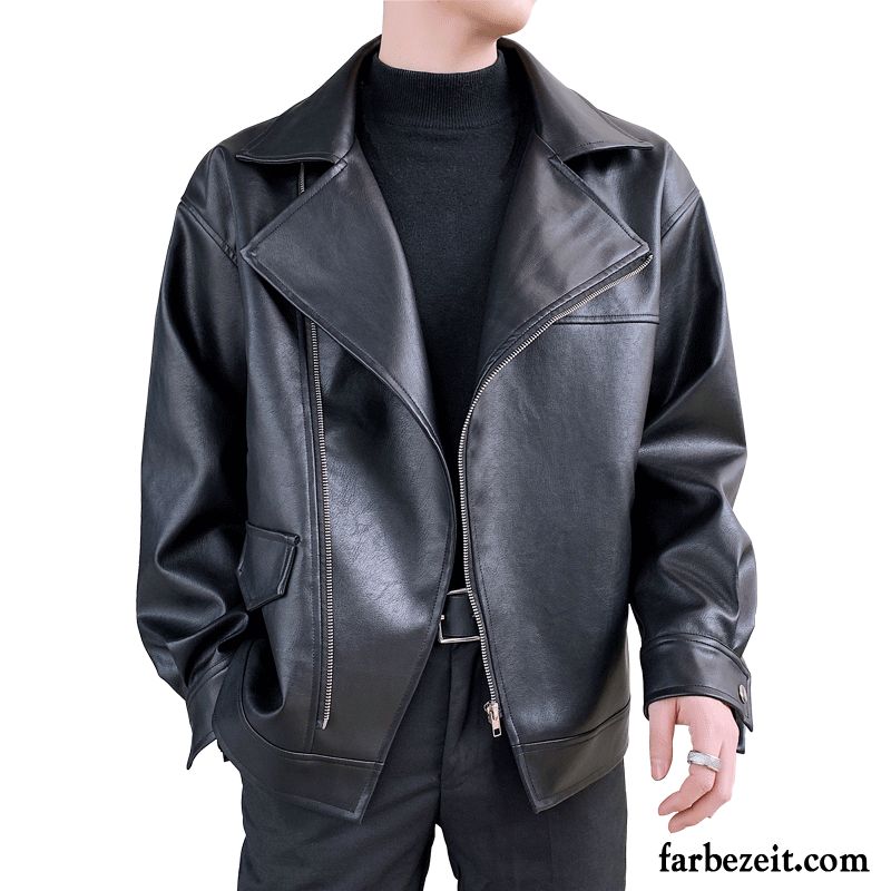 Lederjacke Herren Lose Trend Revers Neu Überzieher Herbst Schwarz