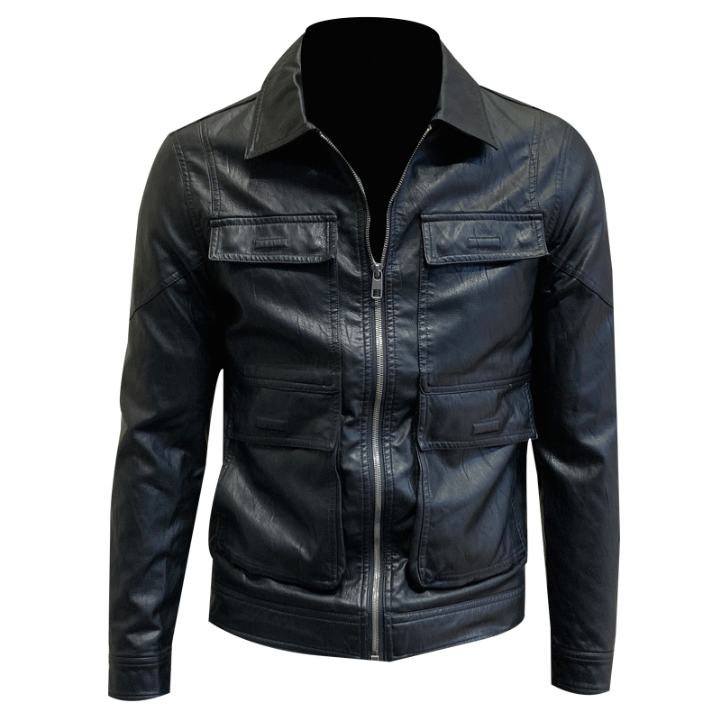 Lederjacke Herren Revers Jugend Pu Trend Überzieher Schlank Schwarz