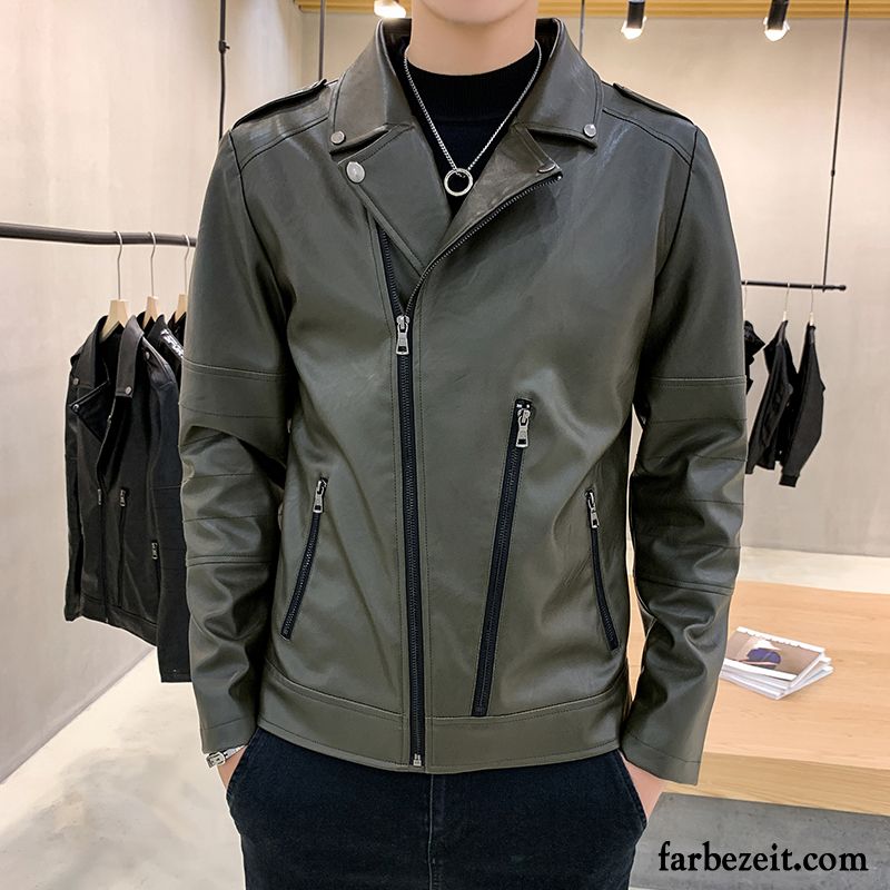 Lederjacke Herren Trend Revers Motorradanzüge Feder Herbst Schlank Army Grün