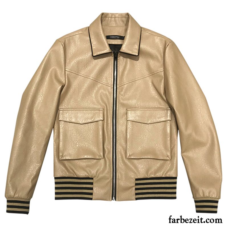 Lederjacke Herren Trend Überzieher Mantel Revers Herbst Feder Khaki Rot