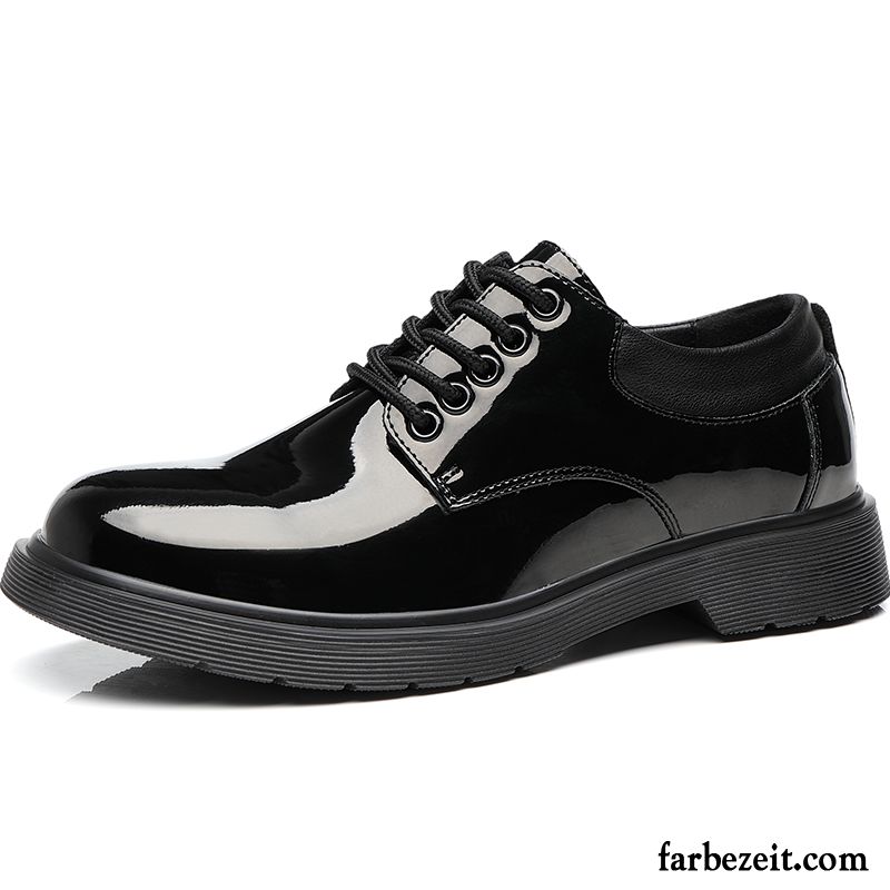 Lederschuhe Herren Casual Lederschue Trend Feder Lackleder Runde Zehe Schwarz