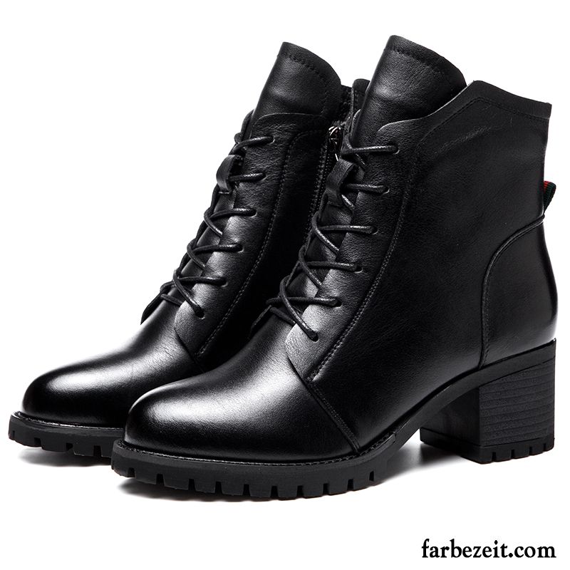 Lederstiefel Damen Schwarz Flach Dick Winter Kurze Stiefel Echtleder Thermische England Schwarz Schnürung Schuhe Martin Stiehlt Plus Samt Kaufen