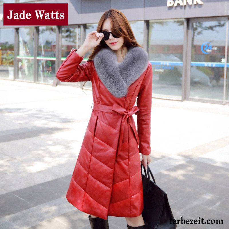 Leichte Daunenjacke Rot Damen Fuchs Pu Lederjacke Langer Abschnitt Baumwolle Große Größe Winter Pelz Kragen Schönheit