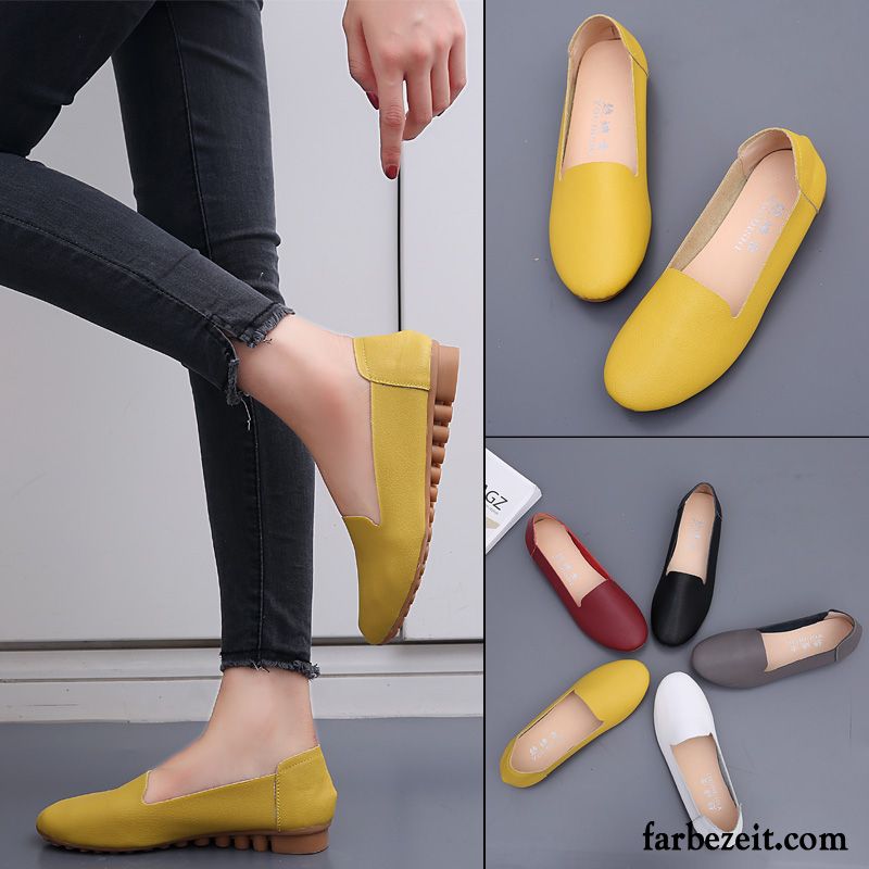 Loafer Schuhe Damen Leder Flache Neue Schuhe Schnürschuhe Gelb Echtleder Alle Jahreszeiten Casual Oberleder Halbschuhe Verkaufen