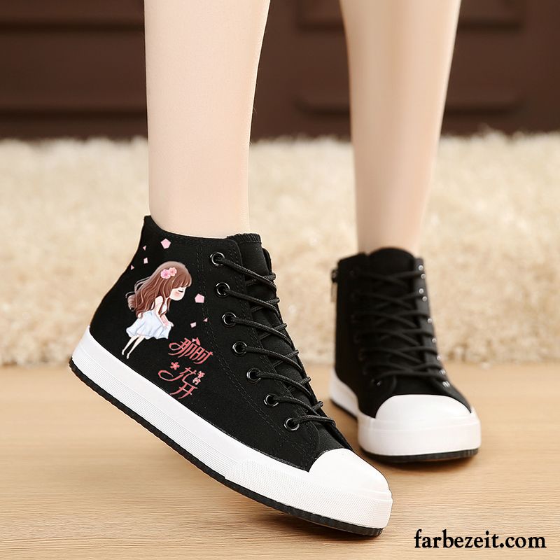 Mode Schuhe Damen Schwarz Weiß Langschaft Graffiti Tuch Schuhe Feder Schüler Trend Casual Weiß Flache Skaterschuhe Günstig