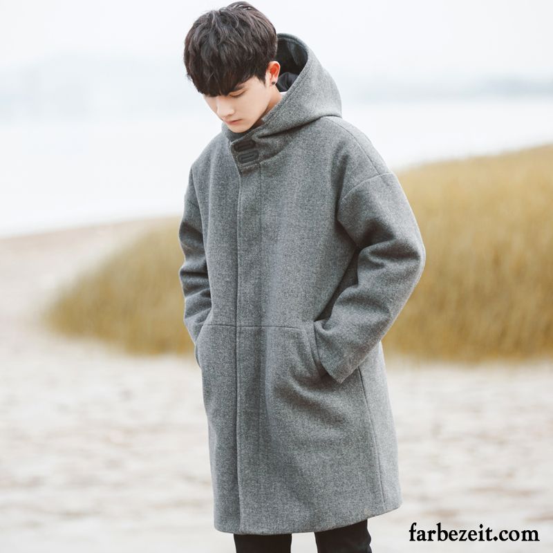 Moderne Jacken Männer Langer Abschnitt Verdickung Winter Trend Mäntel Paar Wolle Überzieher Mit Kapuze Grau Herren Lose Pullover Günstig