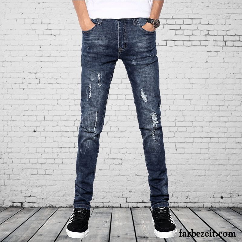 Moderne Jeans Hosen Herren Schlank Lange Freizeit Blau Trend Herbst Jeans Neu Löcher Allgleiches Dünn Licht Billig
