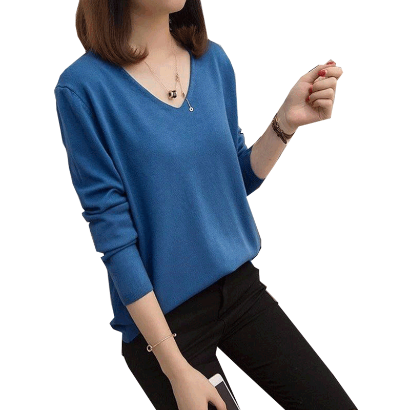 Pullover Damen Lange Ärmel Allgleiches V-ausschnitt Unteres Hemd Mantel Lose Blau