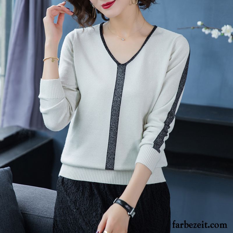 Pullover Damen Lange Ärmel Strickwaren Herbst Mantel Trend V-ausschnitt Weiß