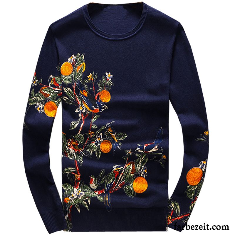 Pullover Herren Chinesischer Stil Strickwaren Dünn Wollpullover Unteres Hemd Blume Blau