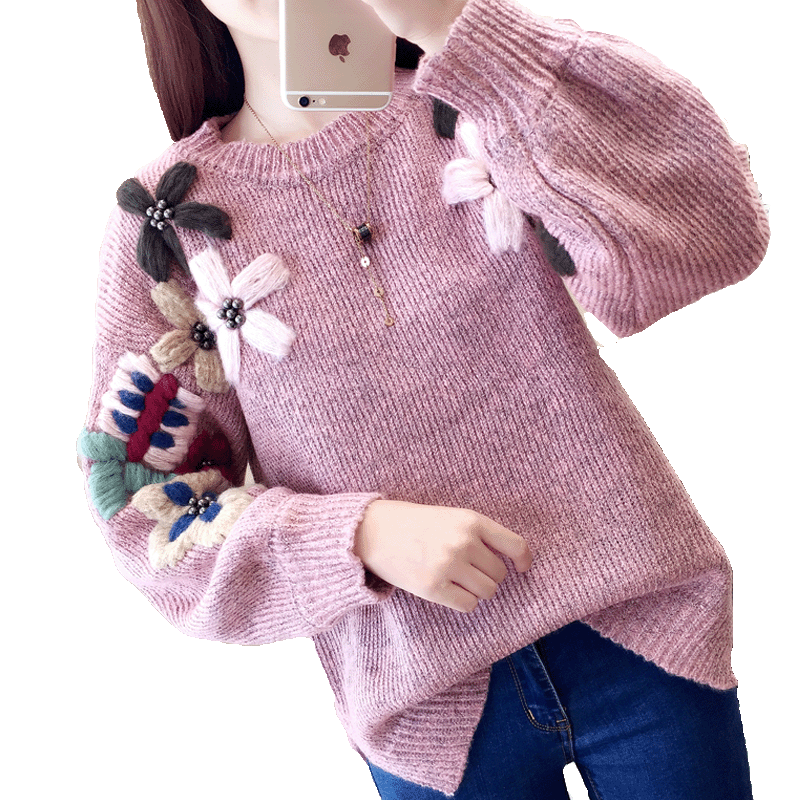 Rollkragenpullover Kurzarm Damen Neu Stickerei Rosa Kurzer Absatz Allgleiches Stricken Pullover Frisch Winter Lose Unteres Hemd Herbst Günstig