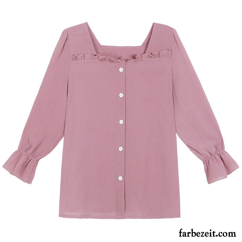 Rosa Bluse Mit Spitze Feder Lange Ärmel Lose Blusen Herbst Chiffon Allgleiches Mantel Damen Neu Rosa