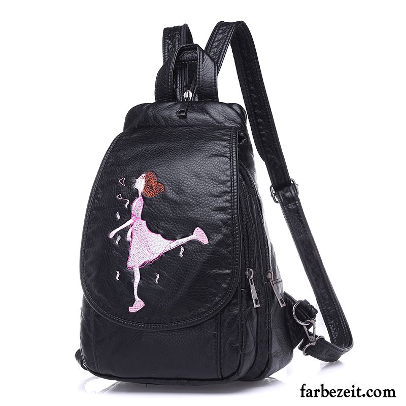 Rucksäcke Damen All Match Rucksack Stickerei Freizeit Gewaschen Mode Schwarz