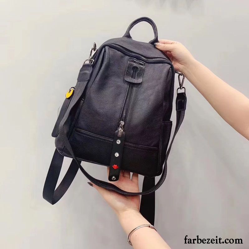 Rucksäcke Damen All Match Umhängetasche Freizeit Multifunktion Rucksack Weiches Leder Schwarz