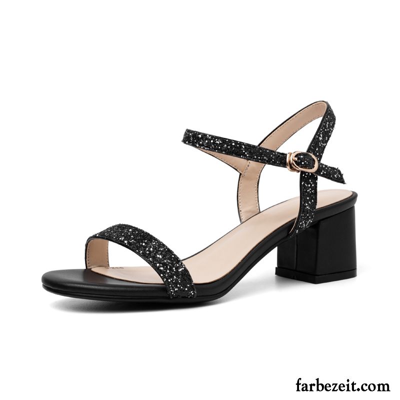 Sandalen Damen Neue Sommer Pumps Rom Pailletten Schuhe Schwarz