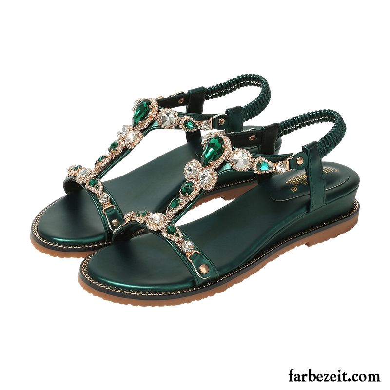 Sandalen Damen Rutschsicher Neue Schuhe Trend Strasssteine Flache Grün