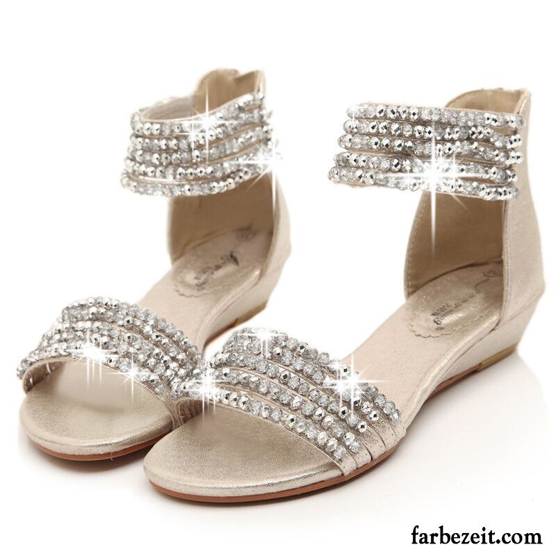 Sandalen Damen Sommer Keilschuhe Reißverschluss Neue Strasssteine Silber Beige