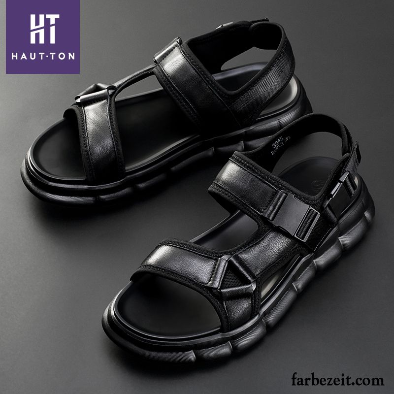 Sandalen Herren Casual Rutschsicher Trend Echtleder Schuhe Sommer Sandfarben Schwarz