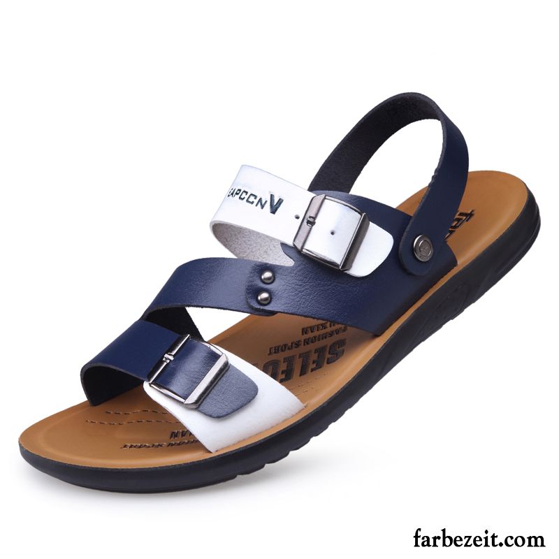 Sandalen Herren Echtleder Casual Gemütlich Weiche Sohle Sommer Rutschsicher Sandfarben Blau