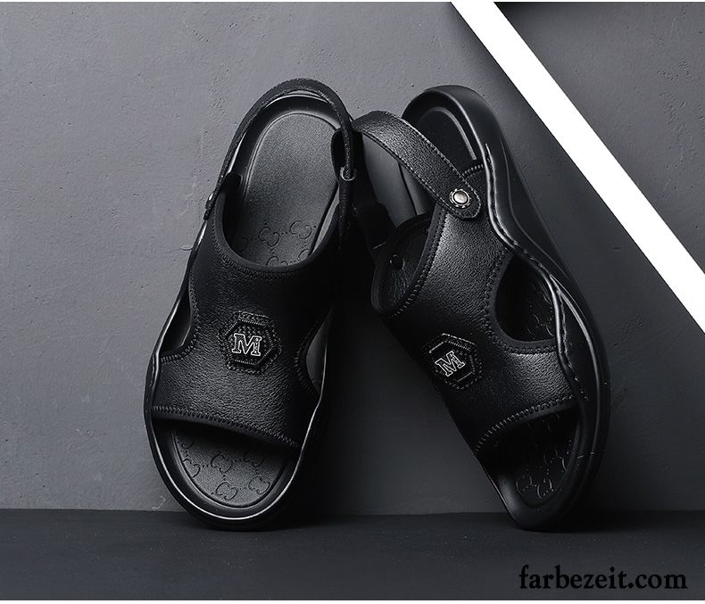 Sandalen Herren Echtleder Trend Pantolette Rutschsicher Schuhe Sommer Sandfarben Schwarz