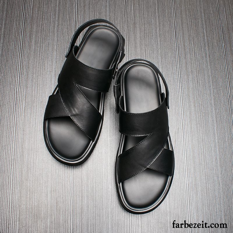 Sandalen Herren Mode Pantolette Casual Sommer Echtleder Einfach Schwarz