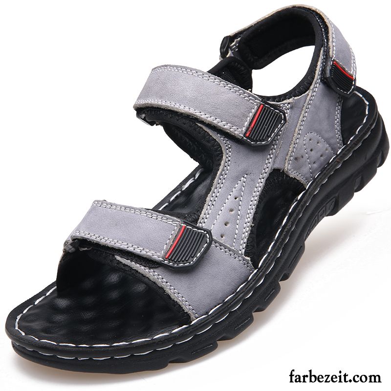 Sandalen Herren Neue Echtleder Sommer Schuhe Trend Sandfarben Grau