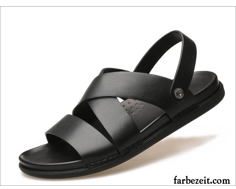 Sandalen Herren Neue Echtleder Sommer Trend Weiche Sohle Casual Sandfarben Schwarz