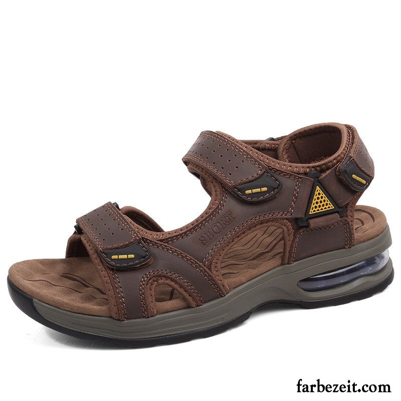 Sandalen Herren Neue Sommer Leder Weiche Sohle Oberleder Erhöht Sandfarben Braun