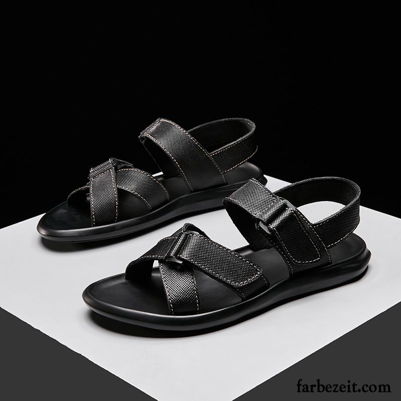 Sandalen Herren Rutschsicher Casual Mode Trend Echtleder Sommer Sandfarben Schwarz