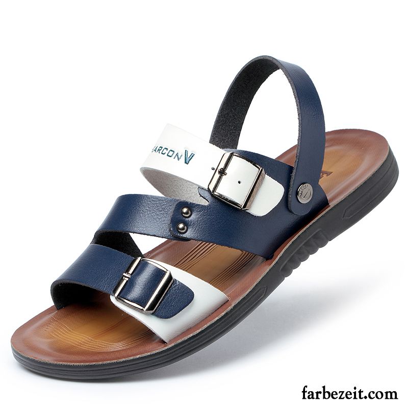 Sandalen Herren Sommer Persönlichkeit Hausschuhe Weiche Sohle Casual Echtleder Blau