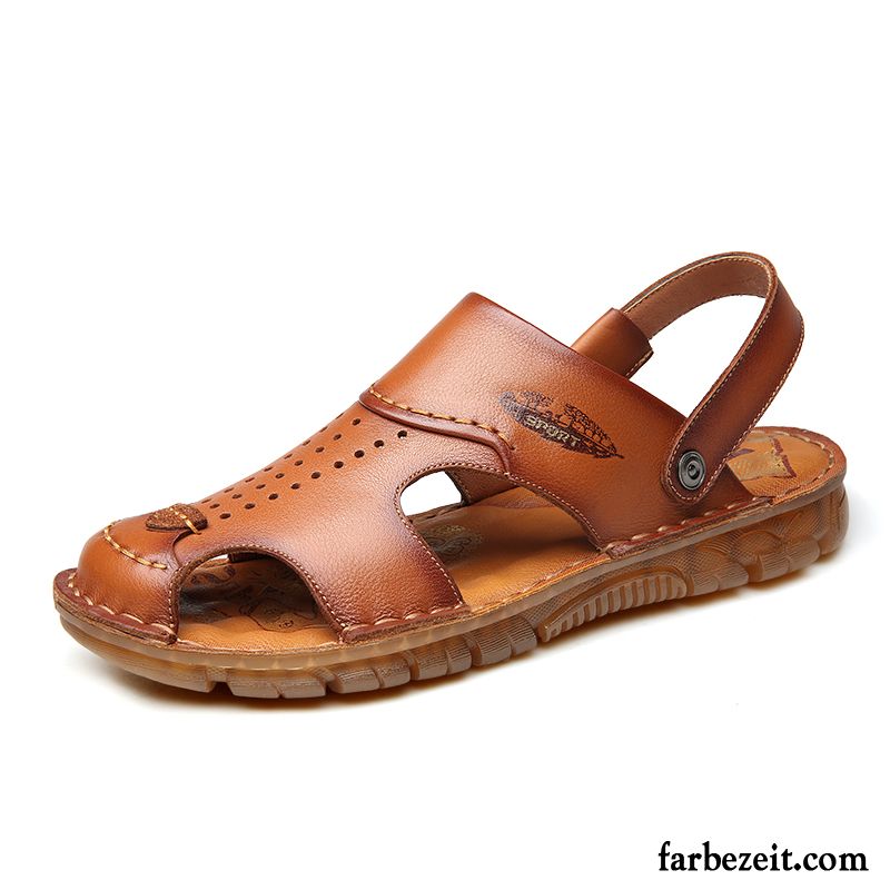 Sandalen Herren Weiche Sohle Schuhe Neue Echtleder Rutschsicher Trend Sandfarben Braun