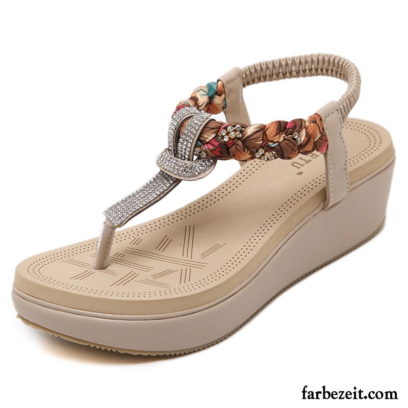 Sandaletten Silber Kleiner Absatz Keilschuhe Sandalen Sommer Nationalen Stil Dicke Sohle Weiche Sohle Mode Strand Damen Strasssteine Gemütlich