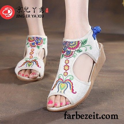 Sandaletten Weiß Absatz Sandalen Keilschuhe Atmungsaktiv Neue Damen Nationalen Stil Peep-toe Bestickt Sommer Casual Tuch Schuhe Retro Günstig