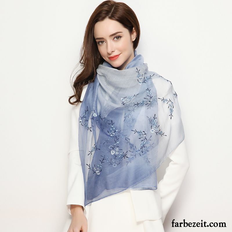 Schal Damen Winter Stickerei Herbst Lang Seide Schals Gradient Blau